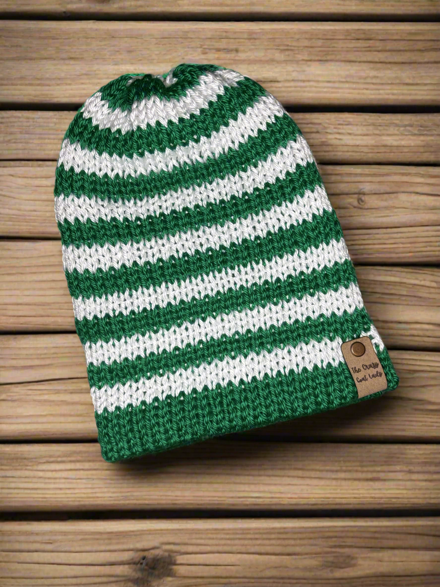 Bonfire Beanie, Adult (green/white stripe)